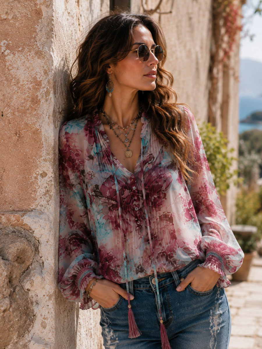Blusa boho floreale rosa con nappe – dettaglio 2
