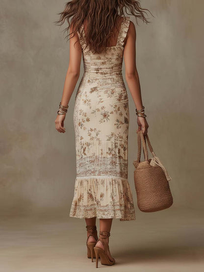 Vestito midi crema boho floreale – dettaglio