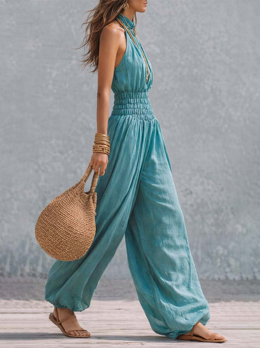Tuta boho turchese a gamba a palloncino – vista posteriore
