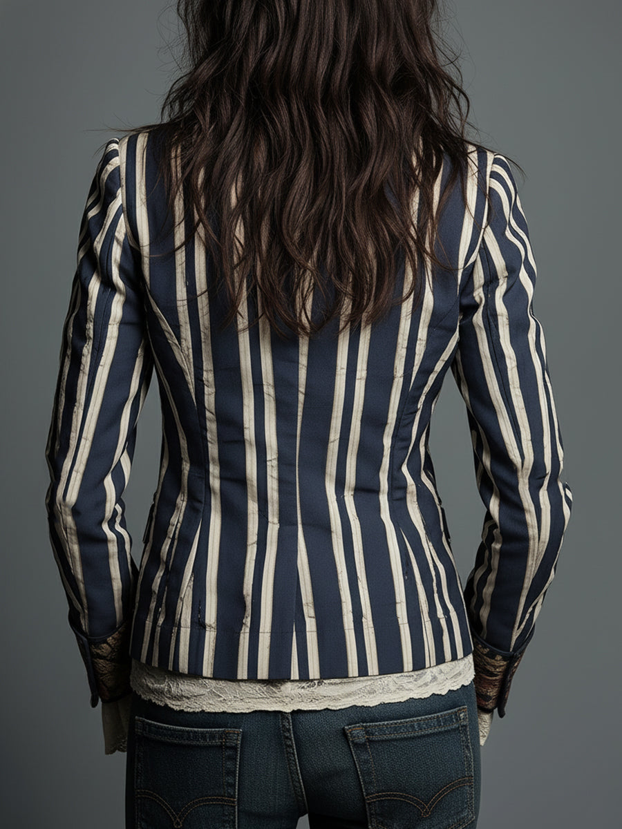 Blazer a righe con stampa floreale blu navy – dettaglio 3