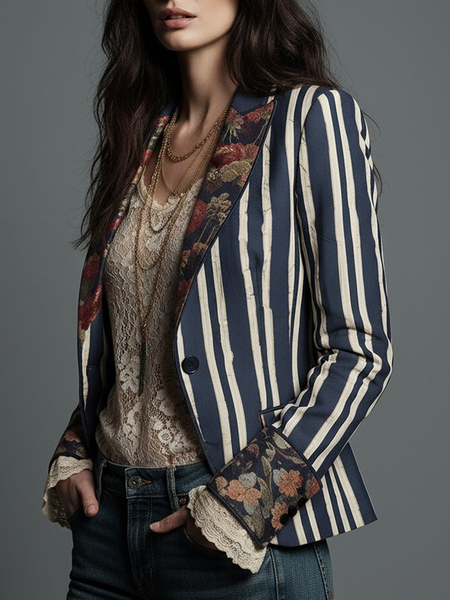 Blazer a righe con stampa floreale blu navy – dettaglio 4