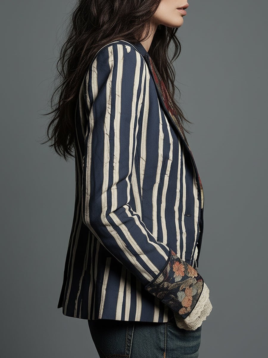 Blazer a righe con stampa floreale blu navy – dettaglio 5