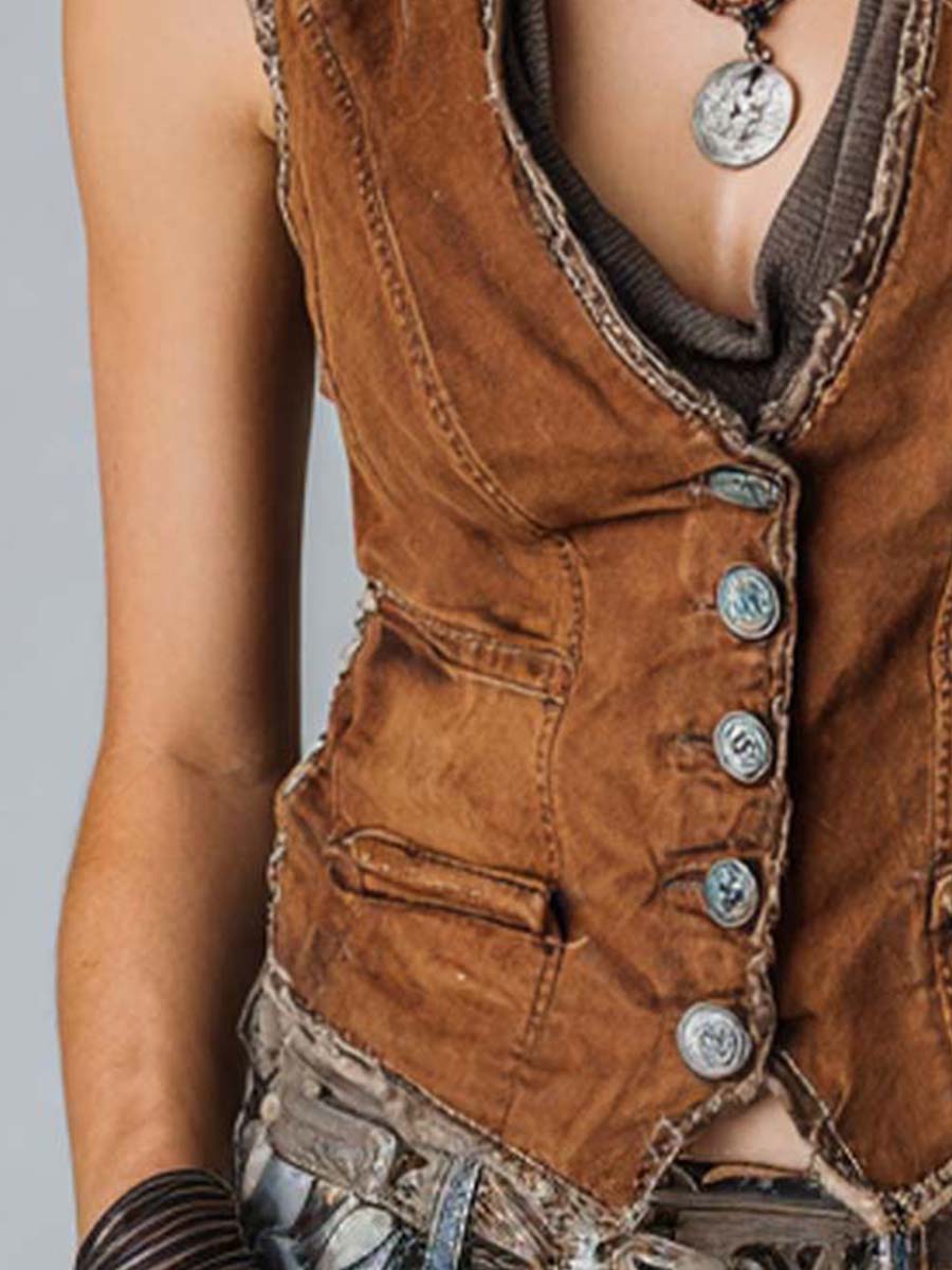 Gilet in denim color caramello lavato – dettaglio 7