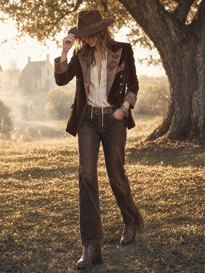 Blazer doppiopetto in velluto marrone – look indossato