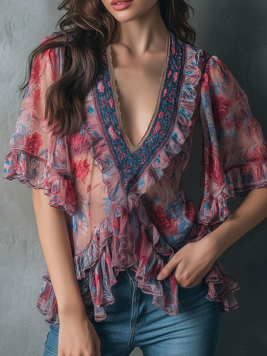 Camicetta floreale rosso vivo – look completo