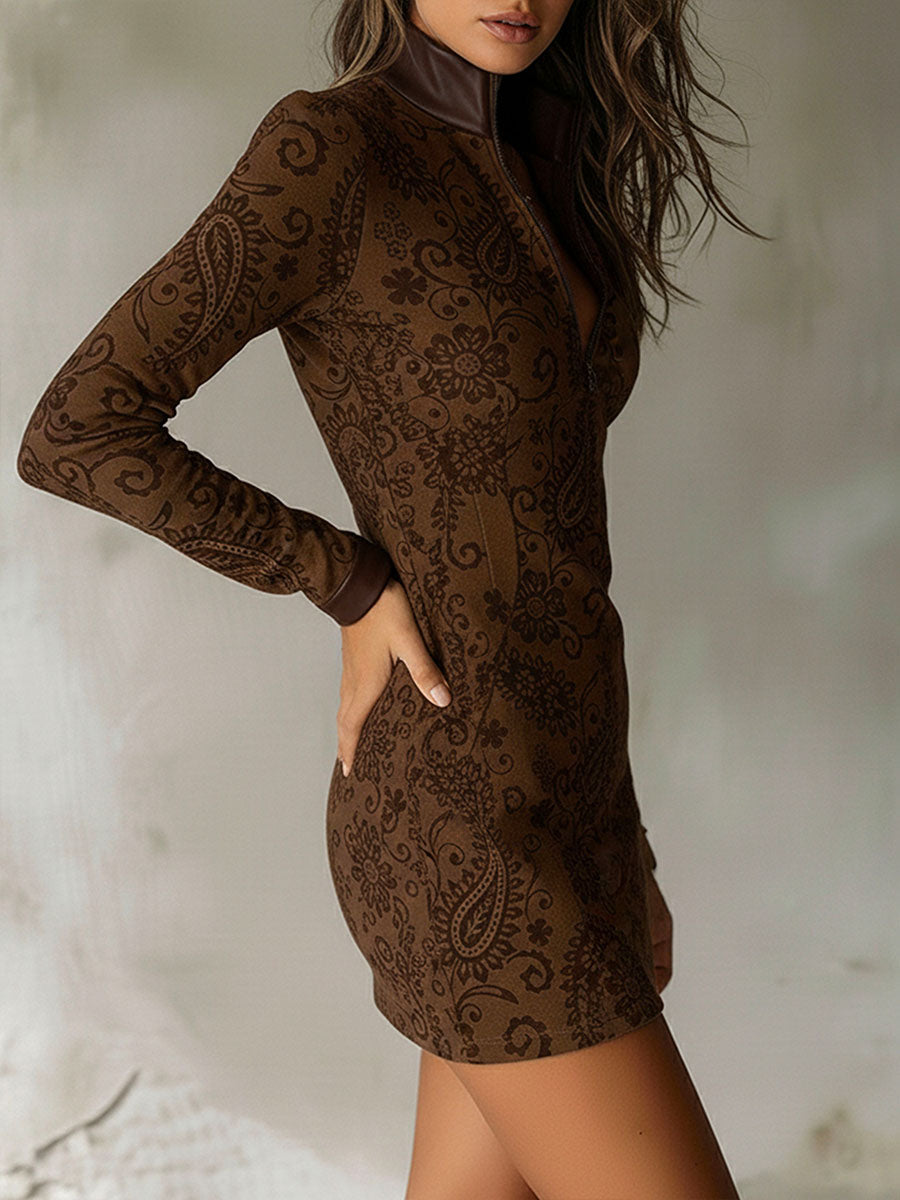 Abito mini marrone in jacquard floreale – dettaglio 3