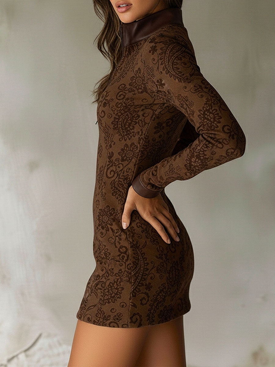 Abito mini marrone in jacquard floreale – dettaglio 4