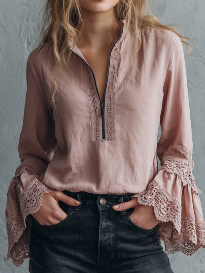 Blusa vintage rosa con polsini in pizzo – vista frontale