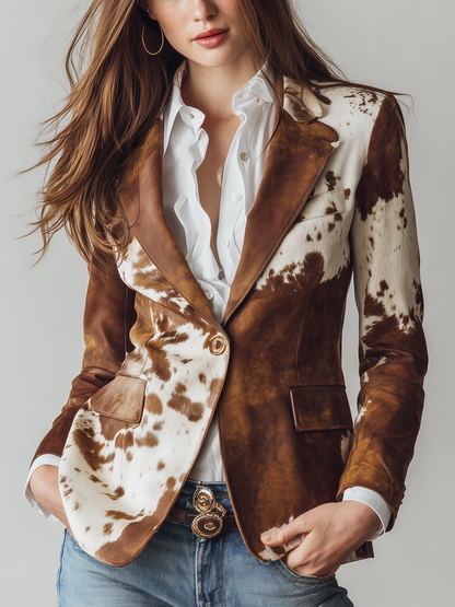 Blazer in camoscio marrone stampa mucca – vista frontale