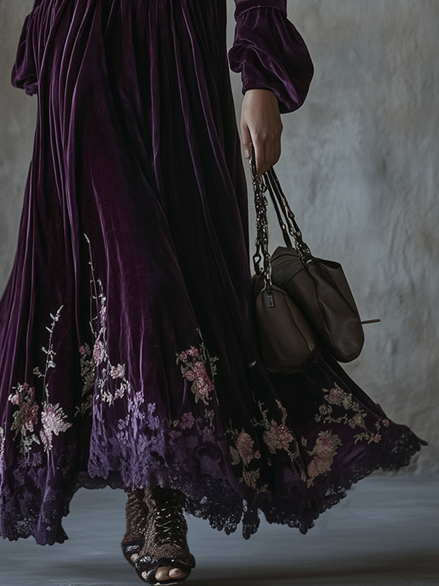 Vestito lungo viola in velluto ricamato – dettaglio 6