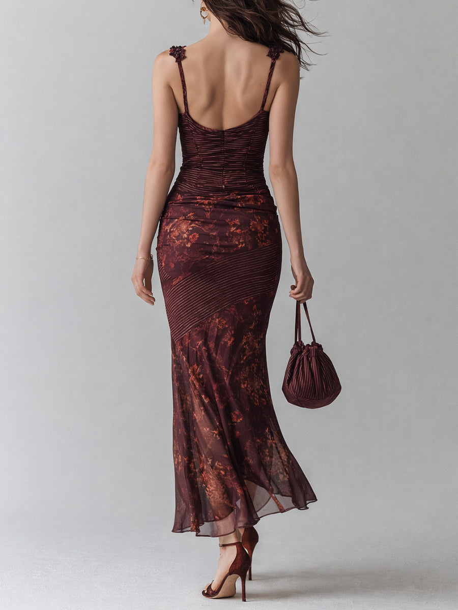 Vestito lungo bordeaux righe e fiori – vista laterale