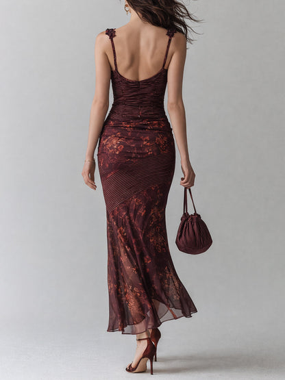 Vestito lungo bordeaux righe e fiori – vista laterale