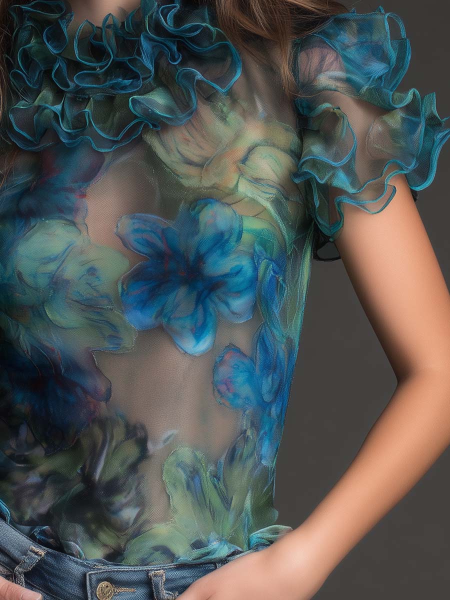 Top in rete boho trasparente floreale blu – dettaglio