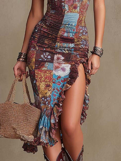Vestito midi boho rosso mattone floreale – look completo