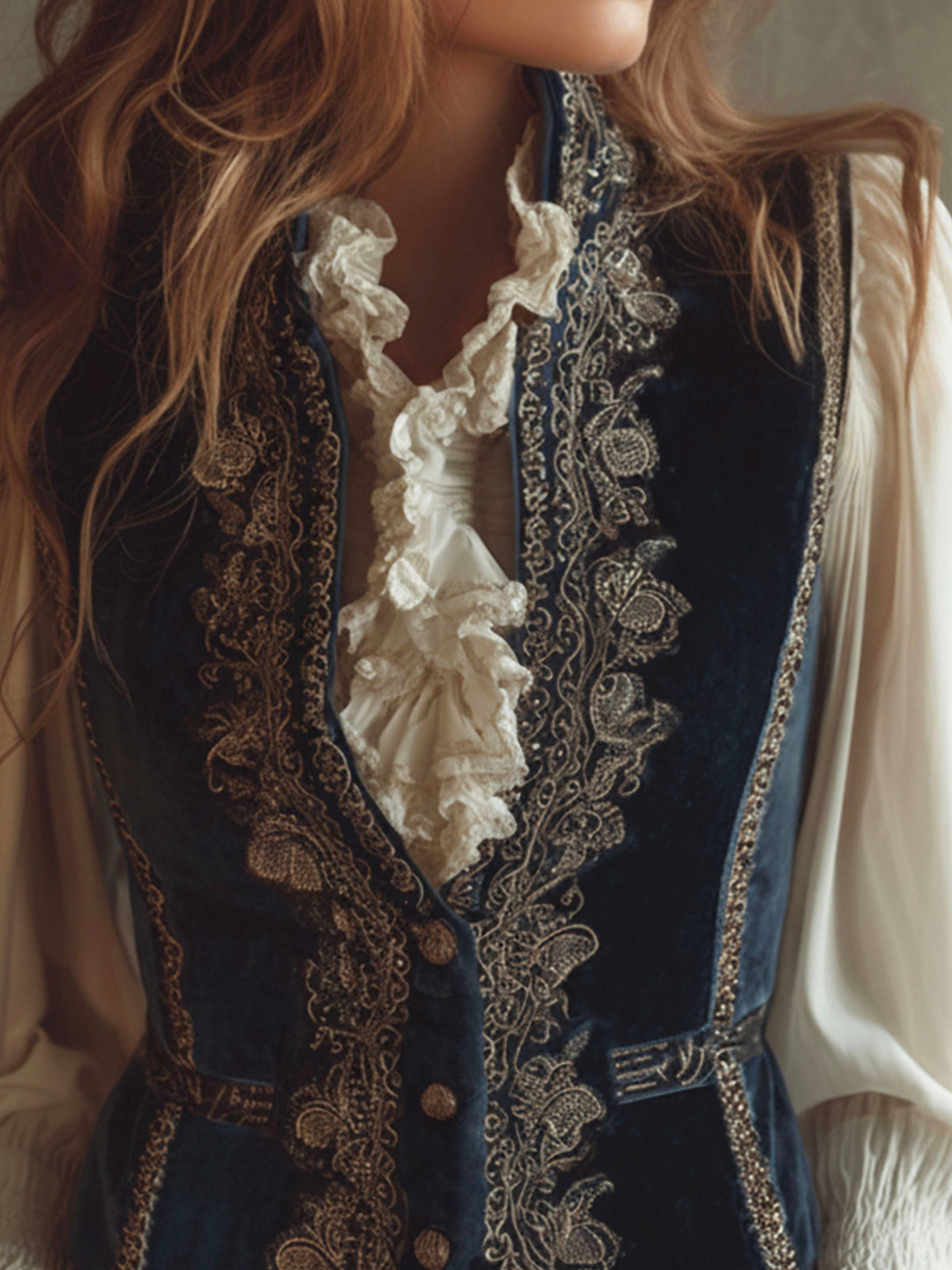 Gilet in velluto blu navy ricamato – dettaglio 6