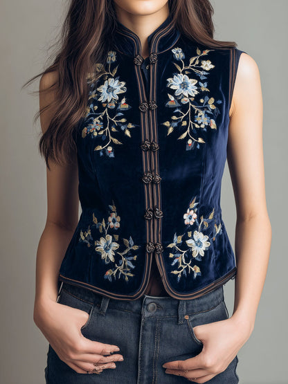 Gilet boho in velluto blu navy ricamato – vista frontale