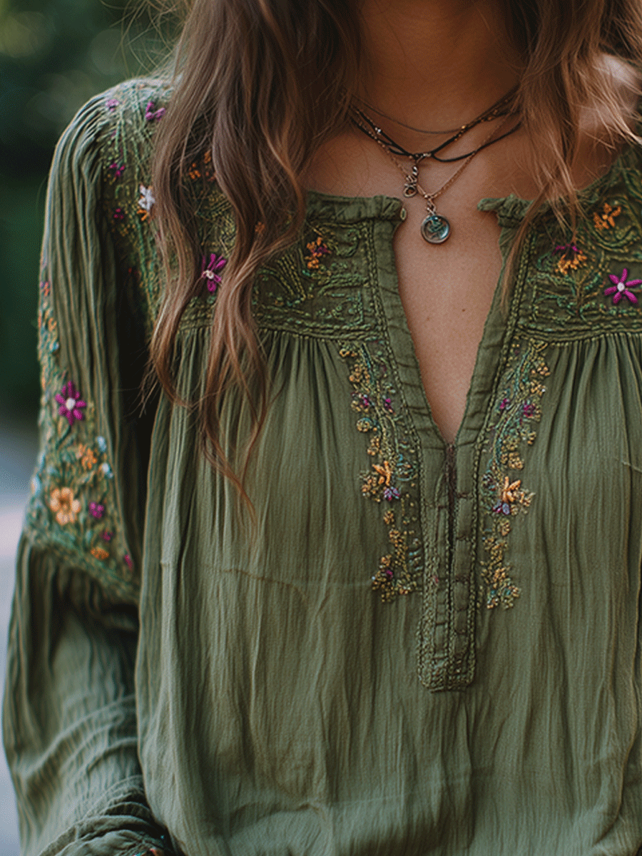 Camicia in cotone verde oliva ricamata – vista posteriore