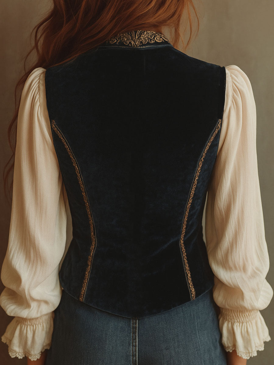 Gilet in velluto blu navy ricamato – dettaglio 5