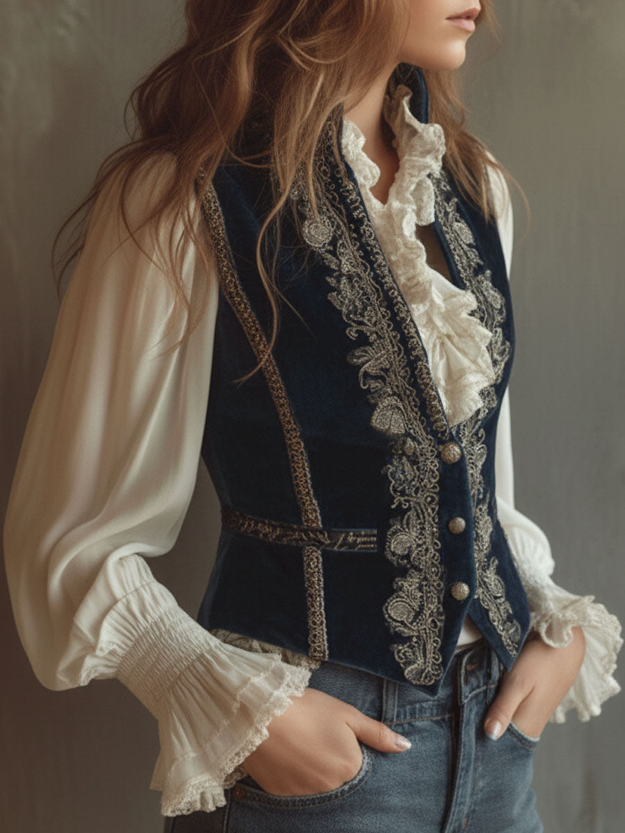 Gilet in velluto blu navy ricamato – dettaglio 3