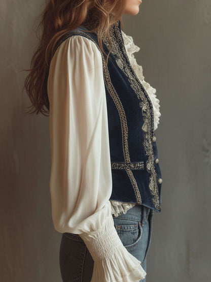 Gilet in velluto blu navy ricamato – dettaglio 4