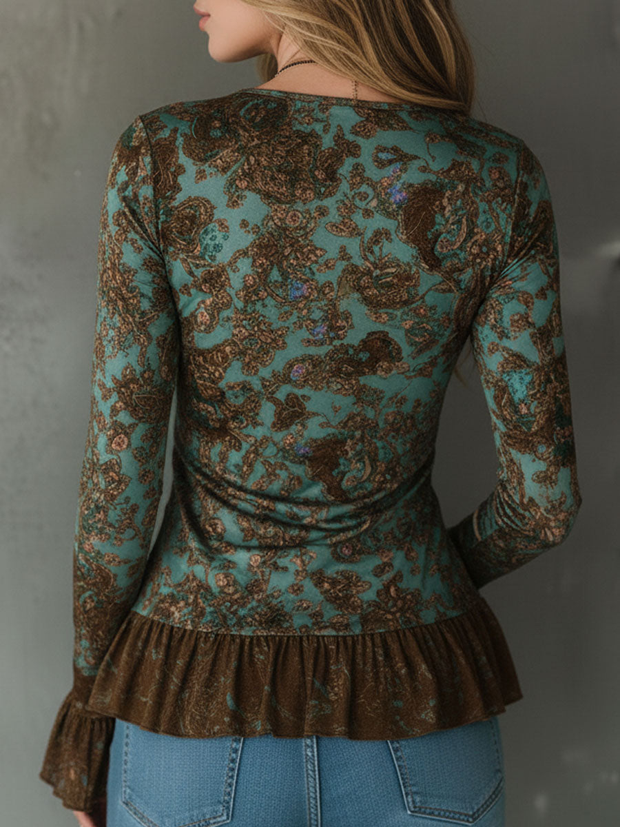 Blusa boho a fiori verde salvia e bronzo – dettaglio 5