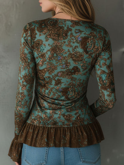 Blusa boho a fiori verde salvia e bronzo – dettaglio 5