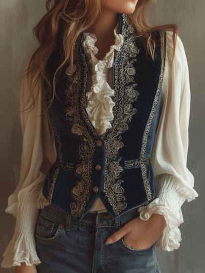 Gilet in velluto blu navy ricamato – dettaglio 2