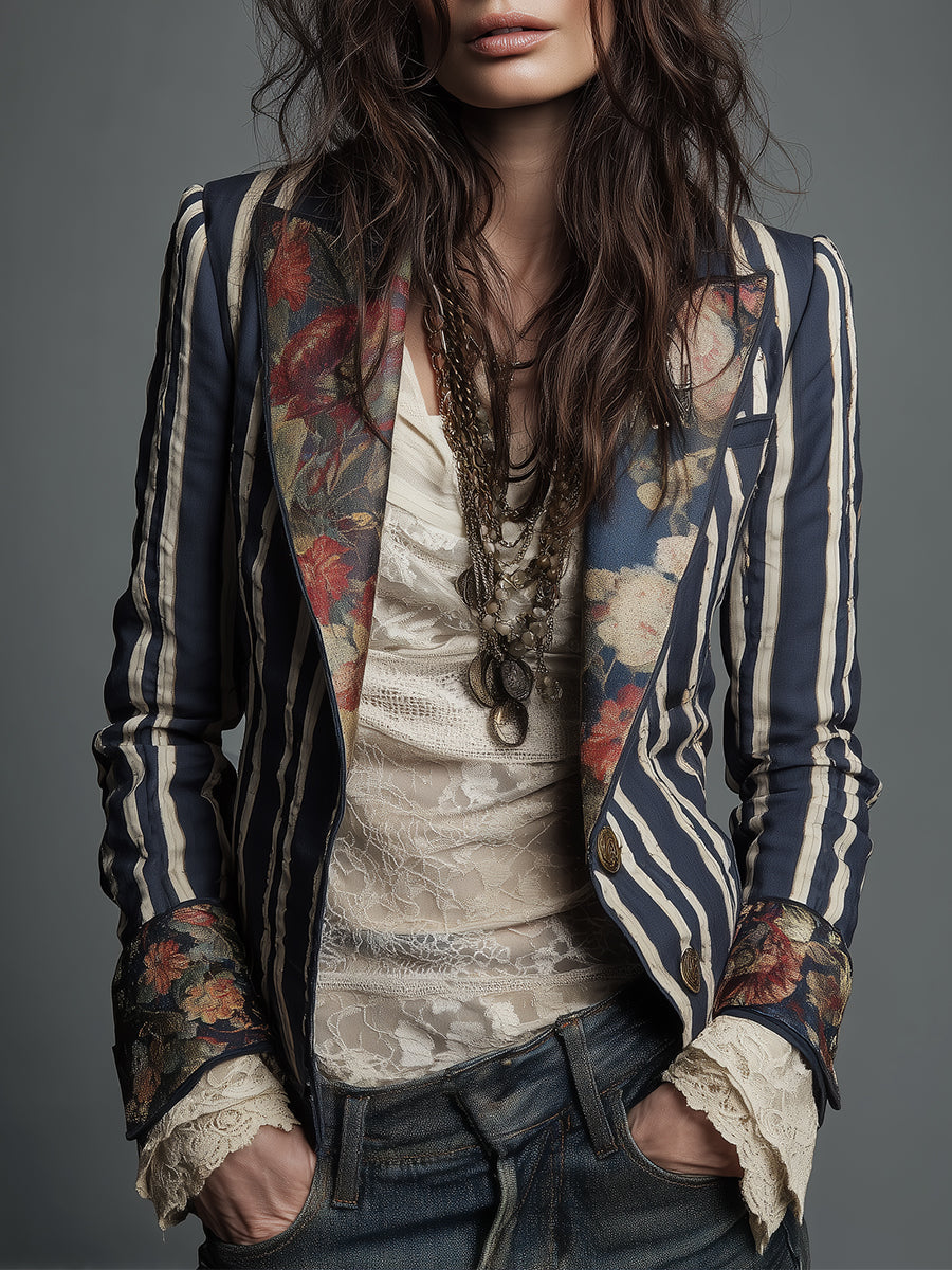 Blazer a righe con stampa floreale blu navy – vista frontale