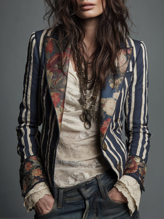 Blazer a righe con stampa floreale blu navy – vista frontale