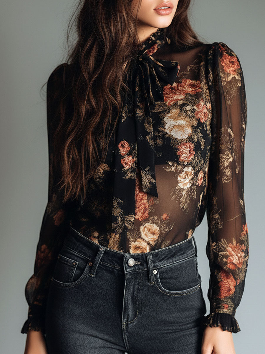 Blusa vintage nera in chiffon con fiori – dettaglio 4