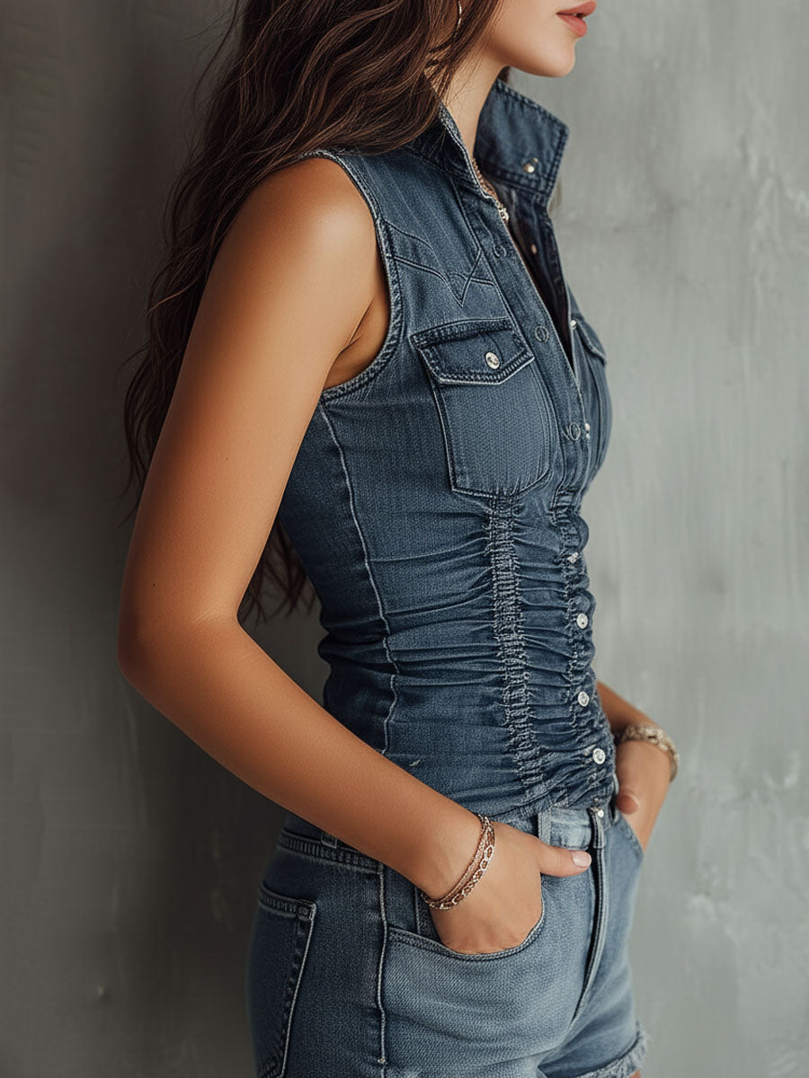 Camicia in denim blu arricciato senza maniche – dettaglio 3