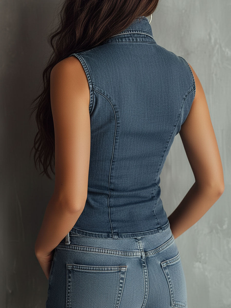 Camicia in denim blu arricciato senza maniche – dettaglio 4