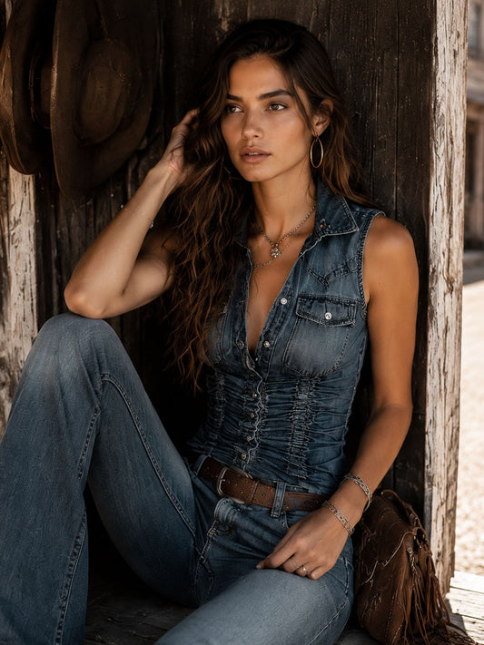 Camicia in denim blu arricciato senza maniche – dettaglio 2