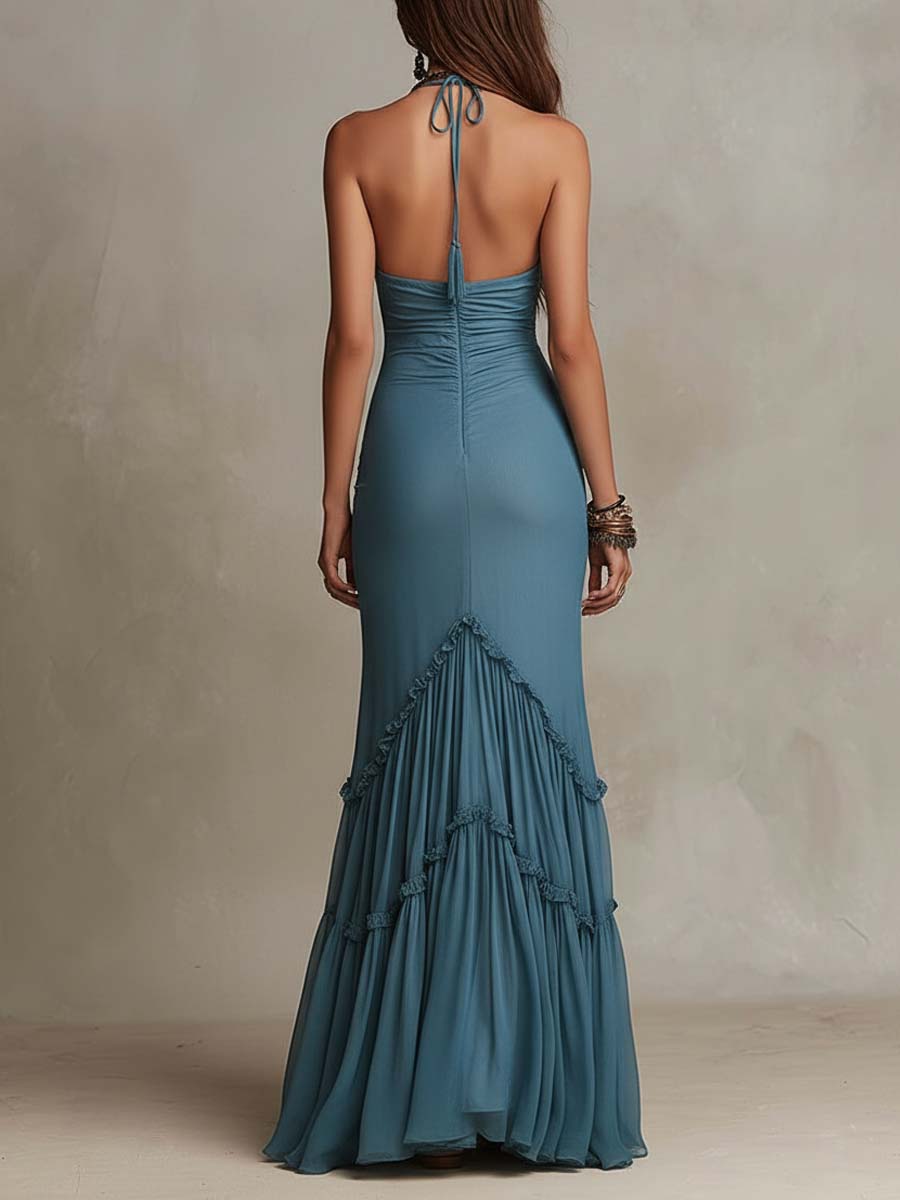 Vestito lungo blu polvere a sirena – vista laterale