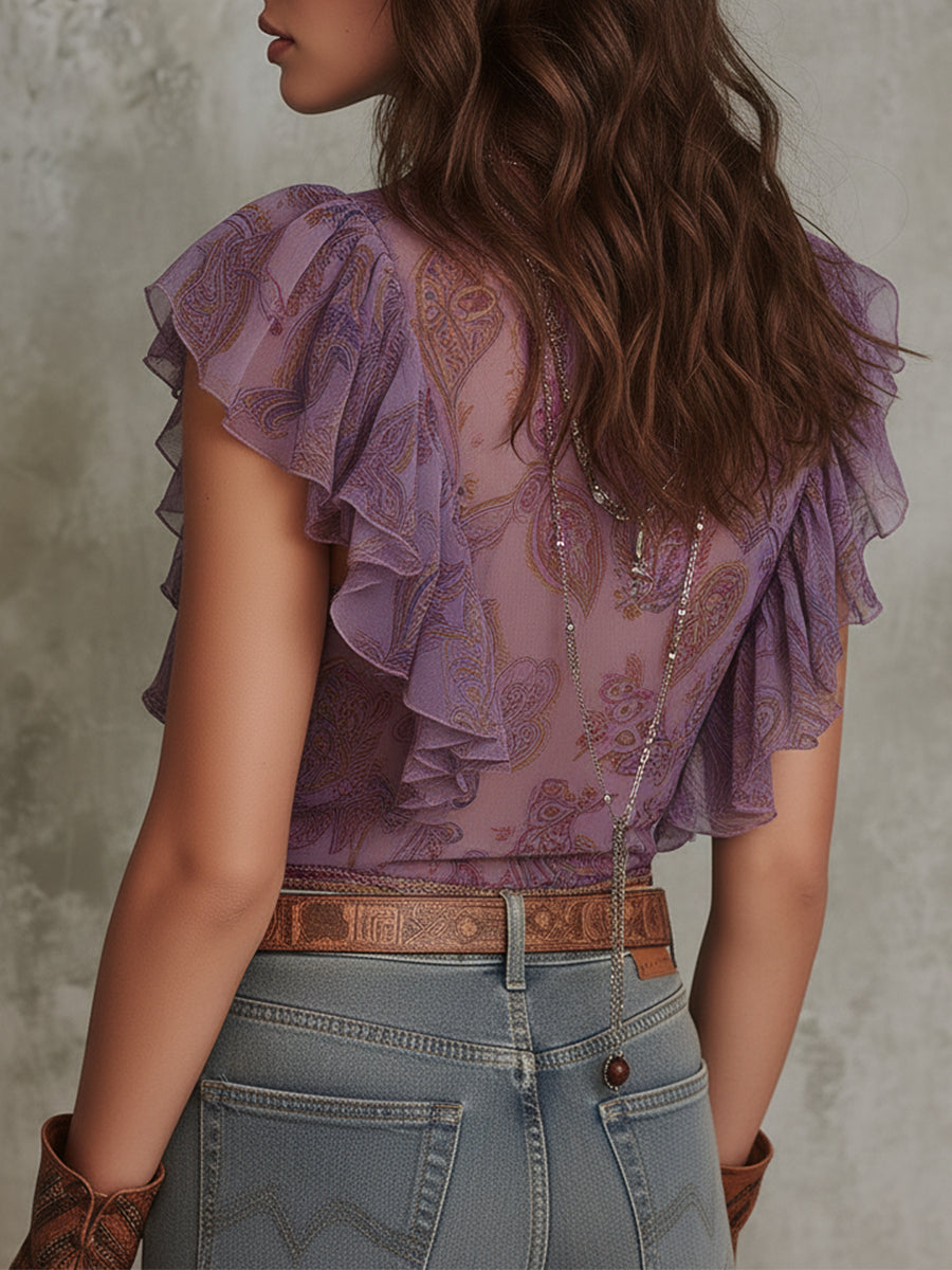Camicetta boho viola in chiffon con stampa cachemire – dettaglio
