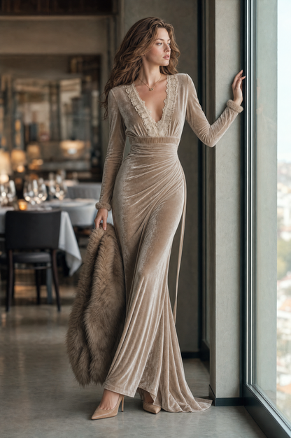 Abito maxi beige in velluto – look indossato