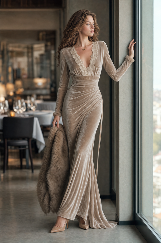Abito maxi beige in velluto – look indossato