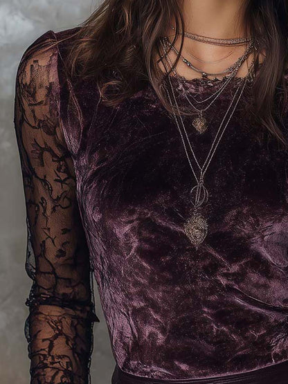 Top in velluto prugna con maniche in pizzo – dettaglio 4