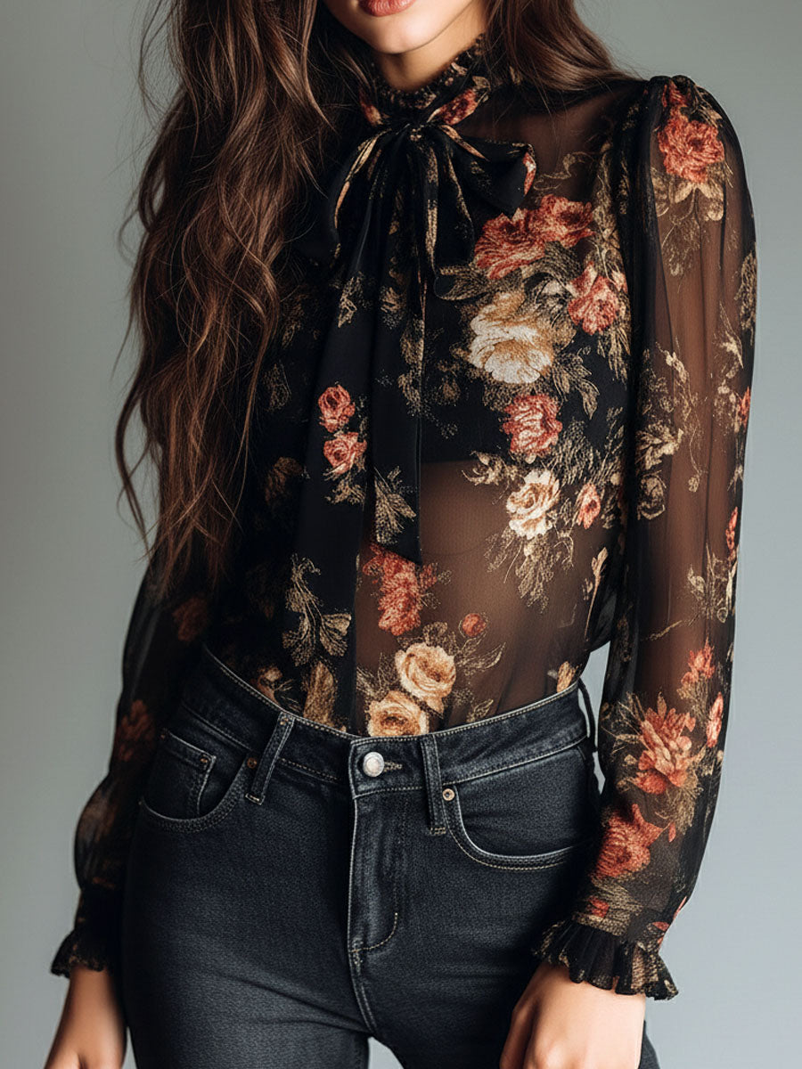 Blusa vintage nera in chiffon con fiori – dettaglio 3