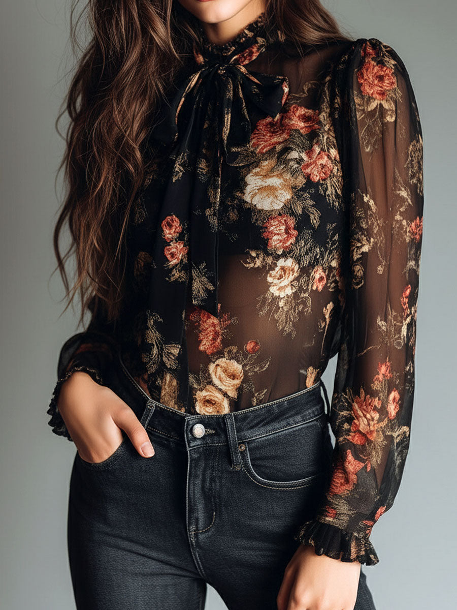 Blusa vintage nera in chiffon con fiori – dettaglio 2