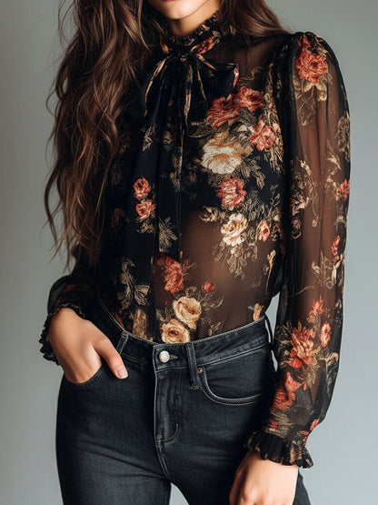 Blusa vintage nera in chiffon con fiori – dettaglio 2