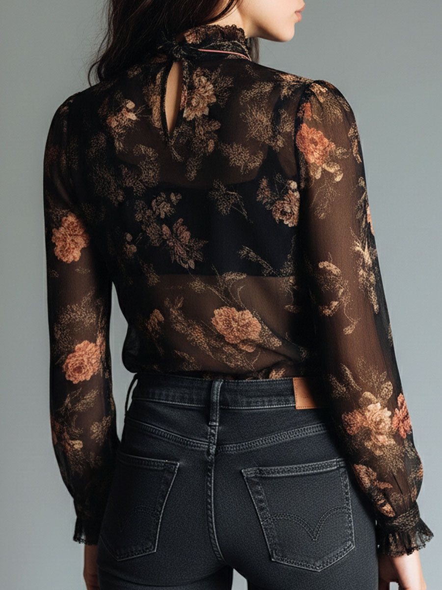 Blusa vintage nera in chiffon con fiori – dettaglio 1