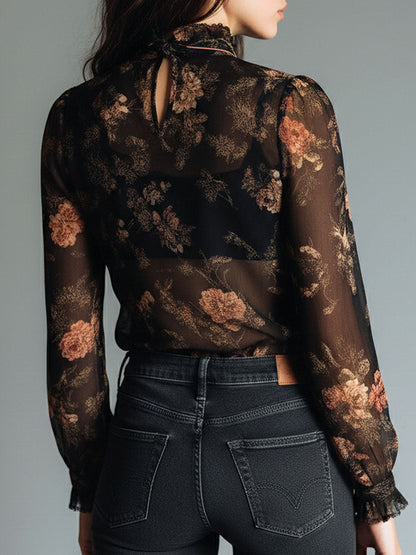 Blusa vintage nera in chiffon con fiori – dettaglio 1