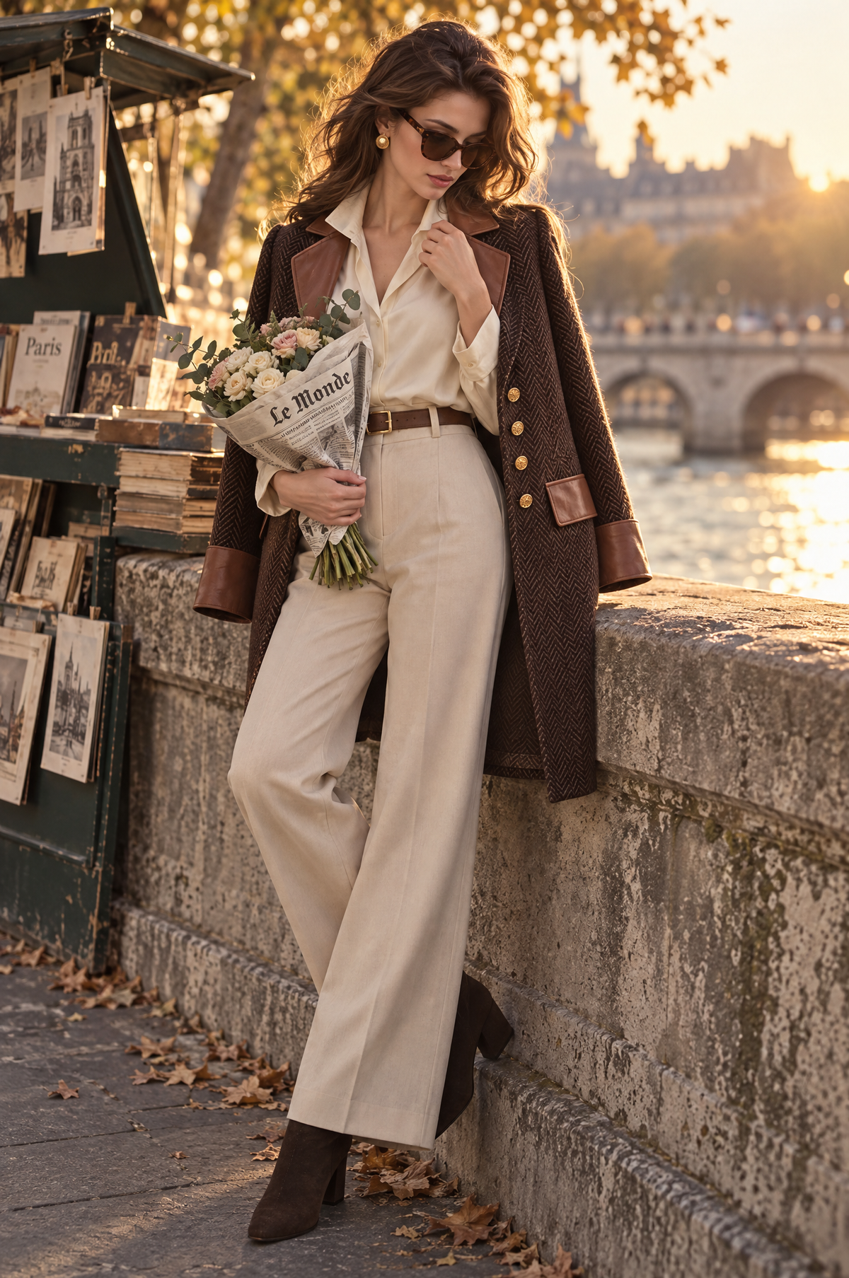 Cappotto in lana spigata marrone con bordi in ecopelle – look completo