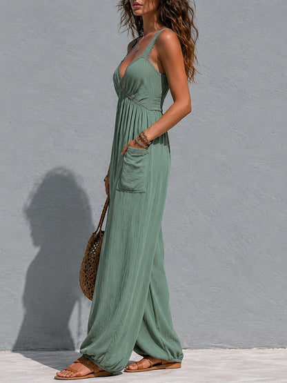 Tuta boho verde salvia con pizzo – dettaglio
