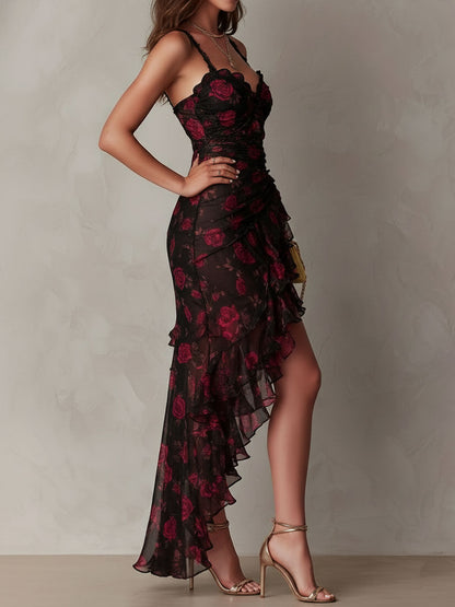 Vestito midi boho floreale nero e rosso – dettaglio del tessuto