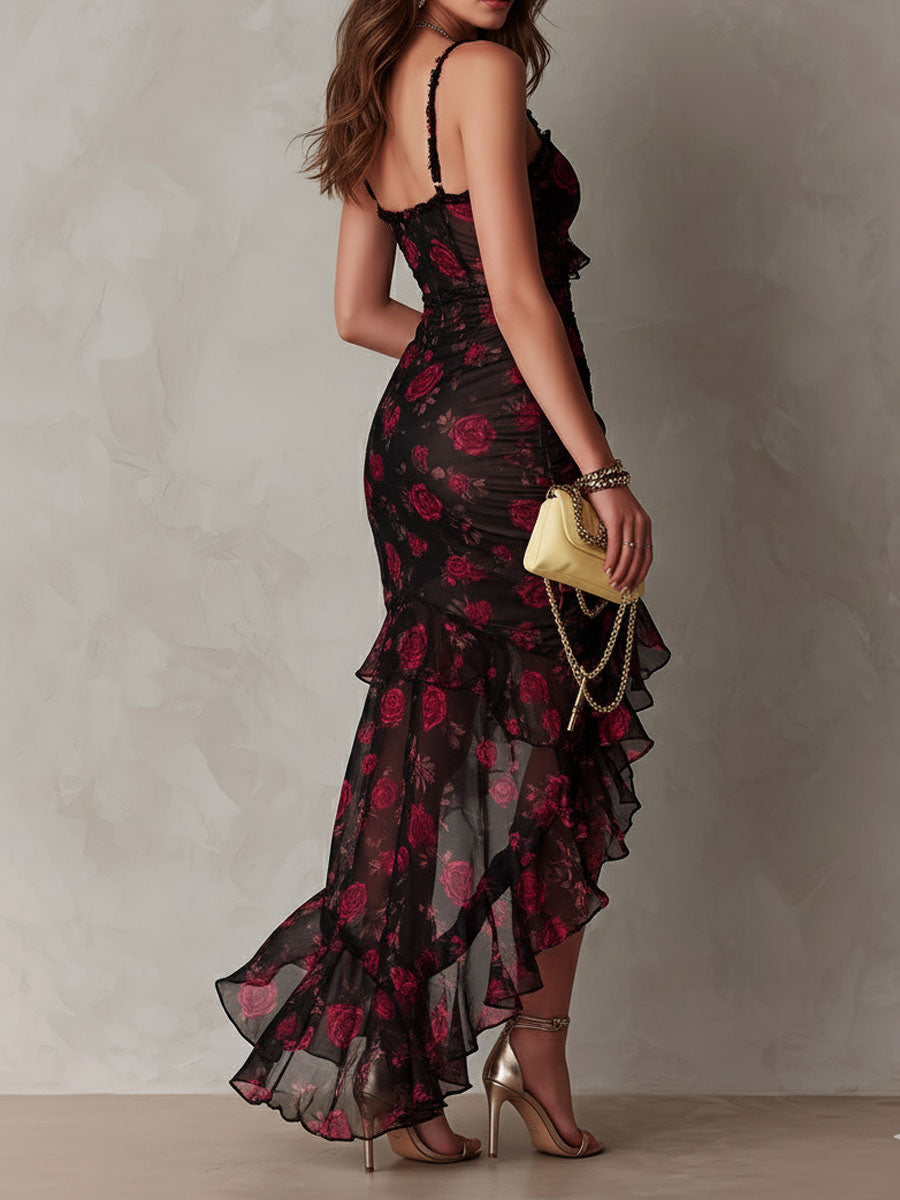 Vestito midi boho floreale nero e rosso – vista frontale
