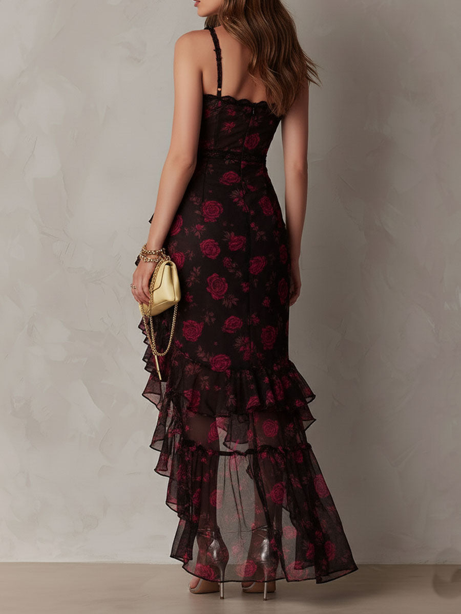 Vestito midi boho floreale nero e rosso – dettaglio