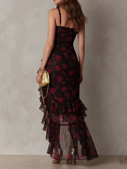Vestito midi boho floreale nero e rosso – dettaglio