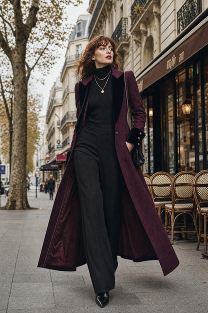 Cappotto midi in lana viola con revers in velluto – look completo